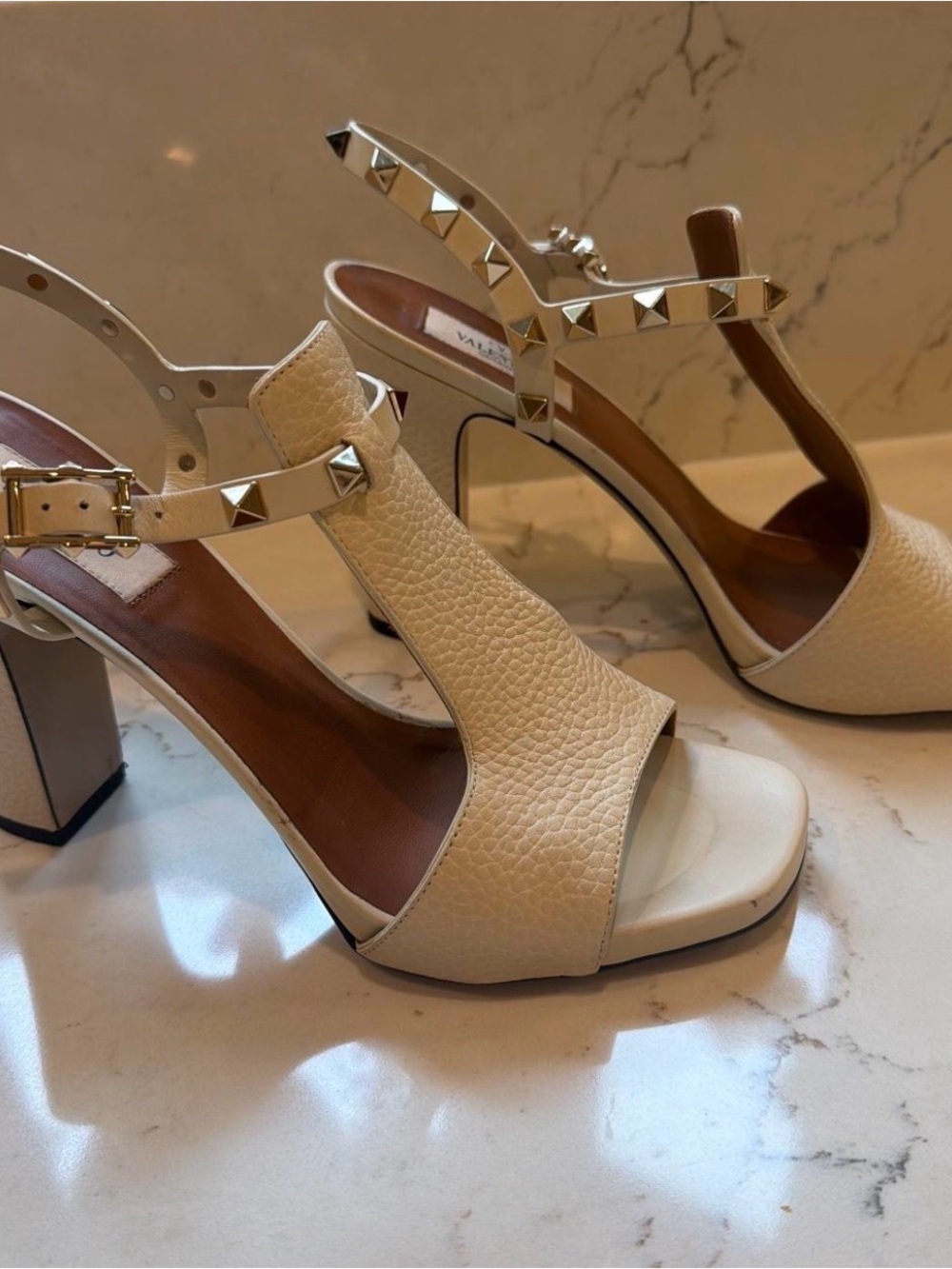 Valentino Cream Studded Block Heel Sandals
